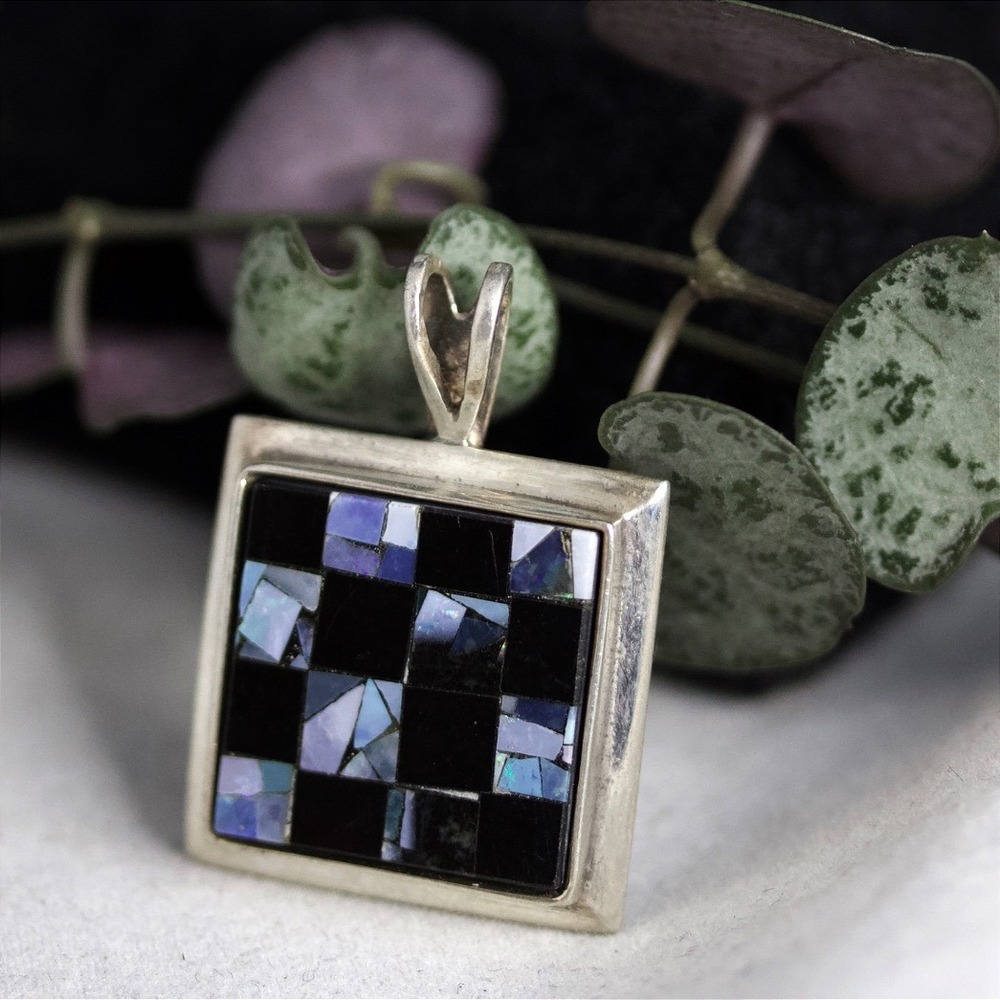 Vintage Mexico Sterling Silver 925 Black Onyx Opal Checkerboard Square Pendant